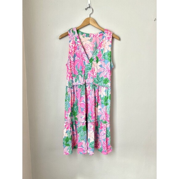 Lilly Pulitzer Lorina Tiered Swing Dress Multi Tigers Lair Cotton Floral Pink L - Picture 2 of 5